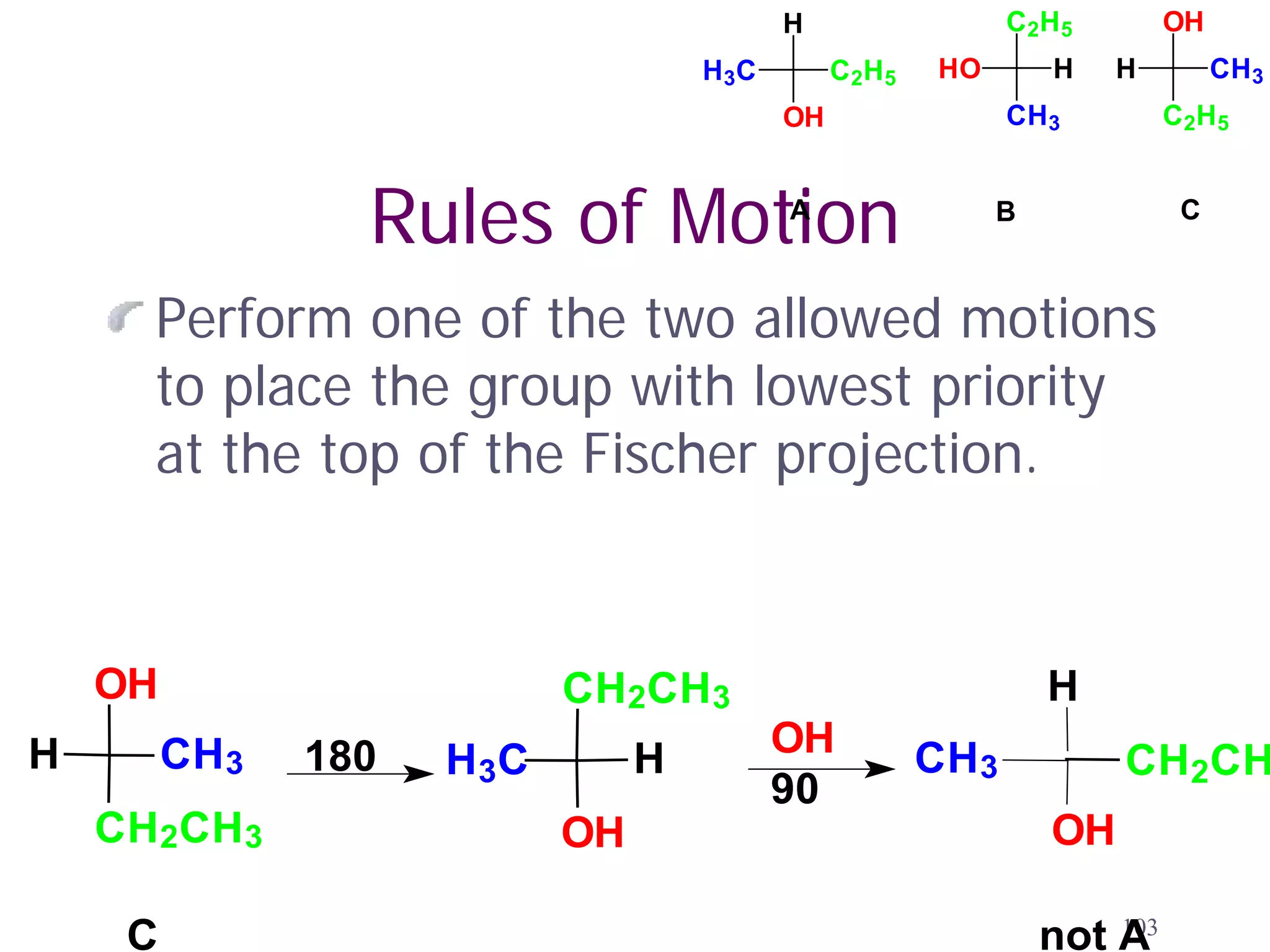 H                   C 2H 5       OH
                                      H 3C        C 2H 5   HO        H    H        CH3
                                             OH                  CH3          C 2H 5



                  Rules of Motion            A                  B              C



      Perform one of the two allowed motions
      to place the group with lowest priority
      at the top of the Fischer projection.


    OH                       CH2CH3                                 H
H        CH 3   180               H          OH            CH3
                      H 3C                                                CH2CH
                                             90
    CH2CH3                   OH                                      OH

                                                                        103
     C                                                              not A
 
