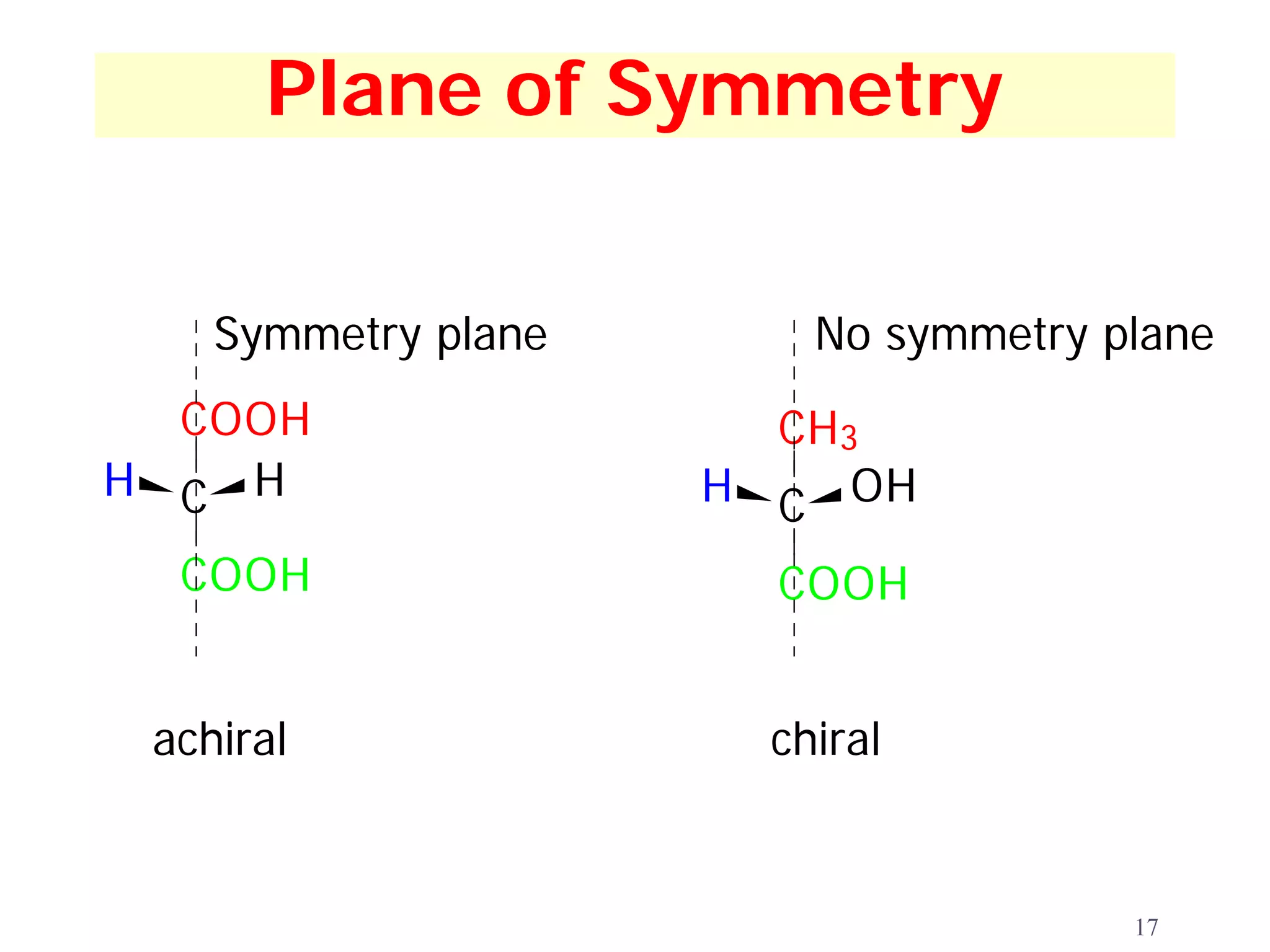 Plane of Symmetry


    Symmetry plane      No symmetry plane
  COOH                 CH3
H C H                H C OH
  COOH                 COOH


 achiral              chiral


                                     17
 