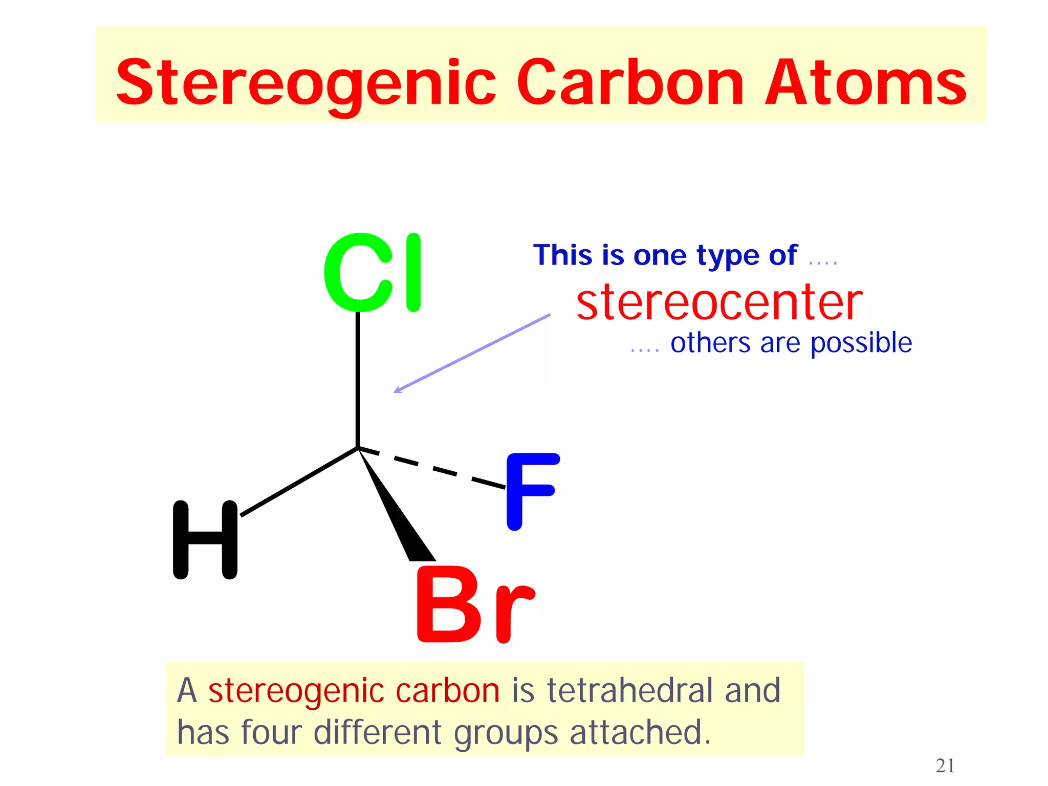 Stereogenic Carbon Atoms


          Cl           This is one type of ….
                          stereocenter
                              …. others are possible




 H              F
               Br
 A stereogenic carbon is tetrahedral and
 has four different groups attached.
                                                       21
 