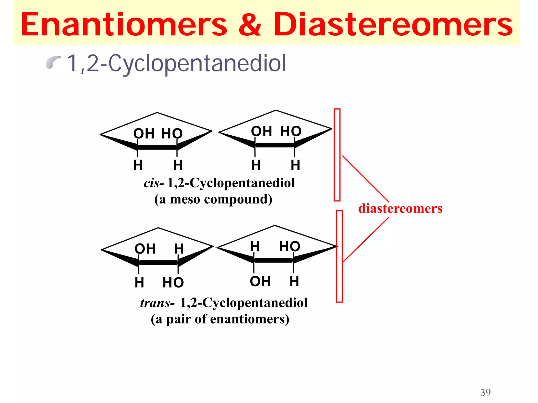 Enantiomers & Diastereomers
  1,2-Cyclopentanediol

        OH HO                OH HO

        H         H           H     H
            cis- 1,2-Cyclopentanediol
              (a meso compound)
                                        diastereomers

        OH      H           H    HO

        H HO                OH H
         trans- 1,2-Cyclopentanediol
           (a pair of enantiomers)




                                                        39
 