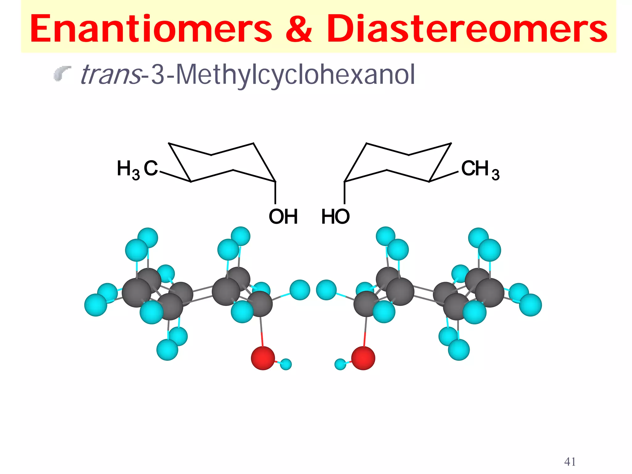 Enantiomers & Diastereomers
  trans-3-Methylcyclohexanol


     H3 C                      CH 3

                OH   HO




                                      41
 