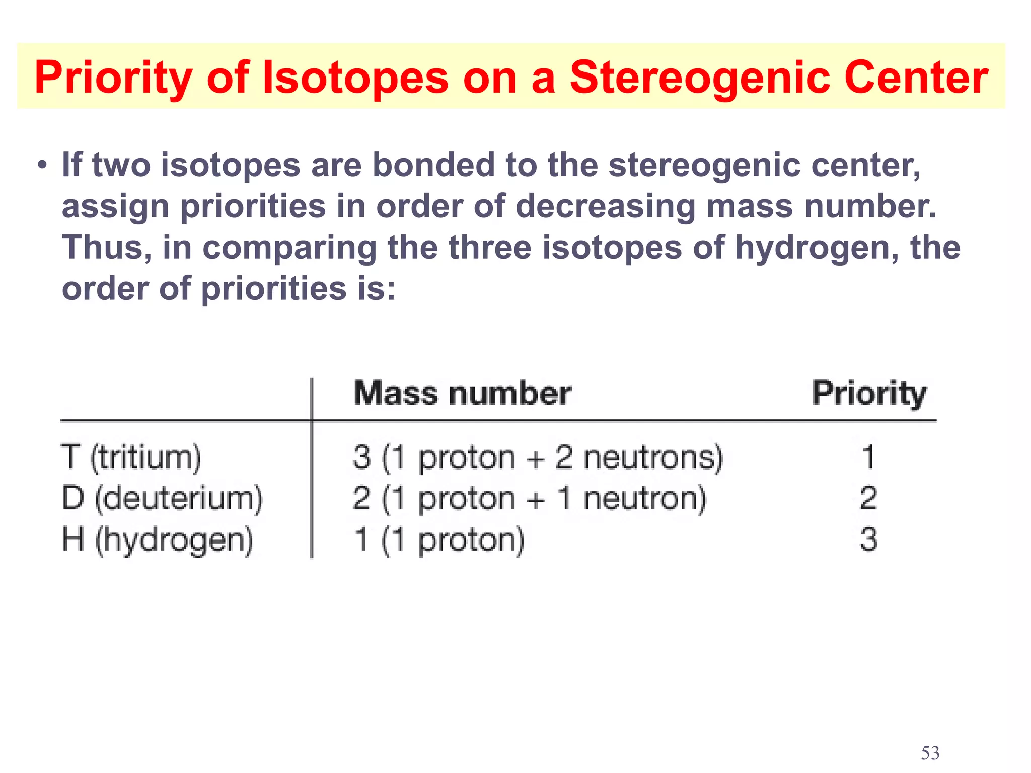 Priority of Isotopes on a Stereogenic Center
• If two isotopes are bonded to the stereogenic center,
  assign priorities in order of decreasing mass number.
  Thus, in comparing the three isotopes of hydrogen, the
  order of priorities is:




                                                     53
 