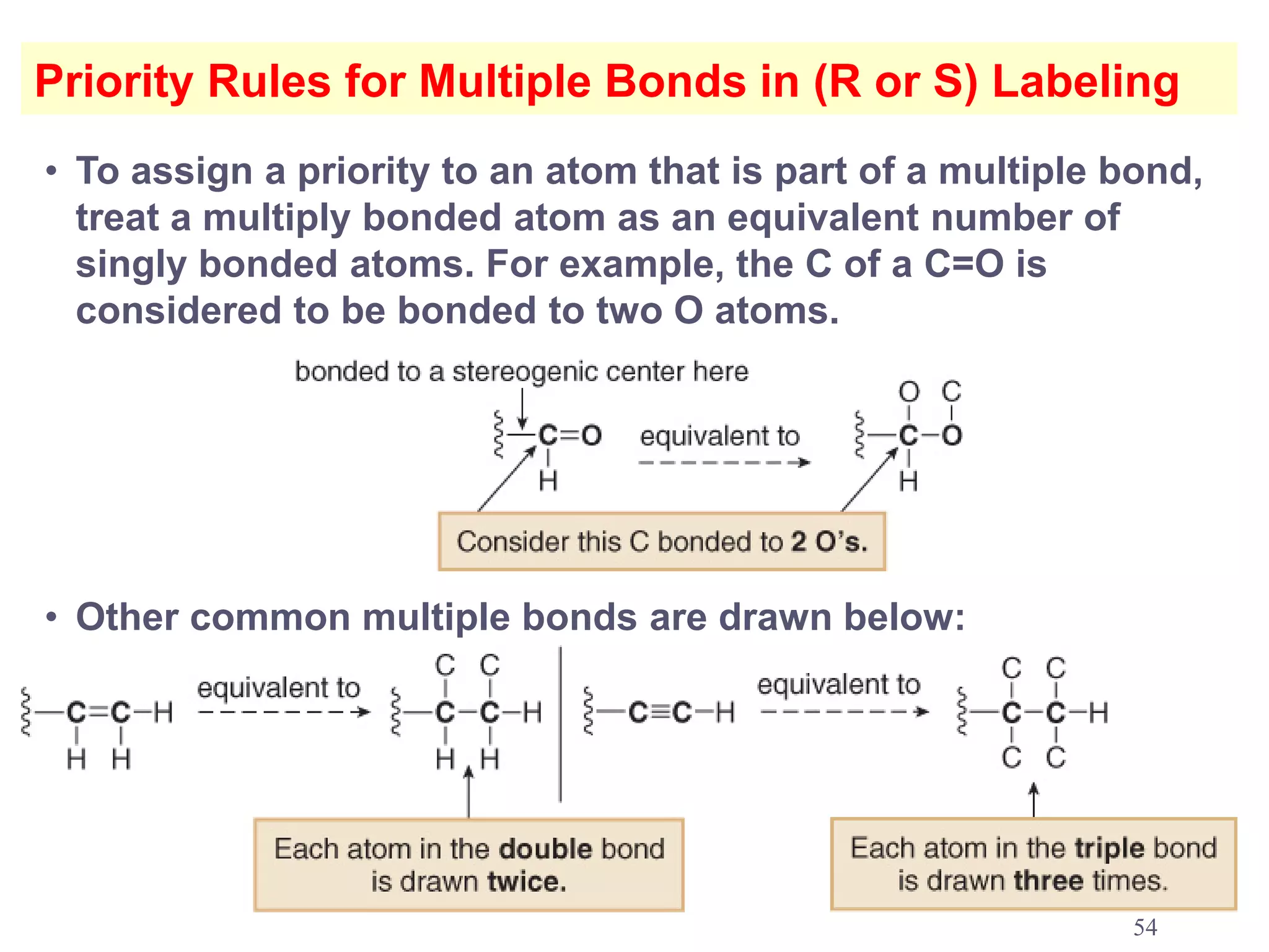 Priority Rules for Multiple Bonds in (R or S) Labeling
• To assign a priority to an atom that is part of a multiple bond,
  treat a multiply bonded atom as an equivalent number of
  singly bonded atoms. For example, the C of a C=O is
  considered to be bonded to two O atoms.




• Other common multiple bonds are drawn below:




                                                             54
 