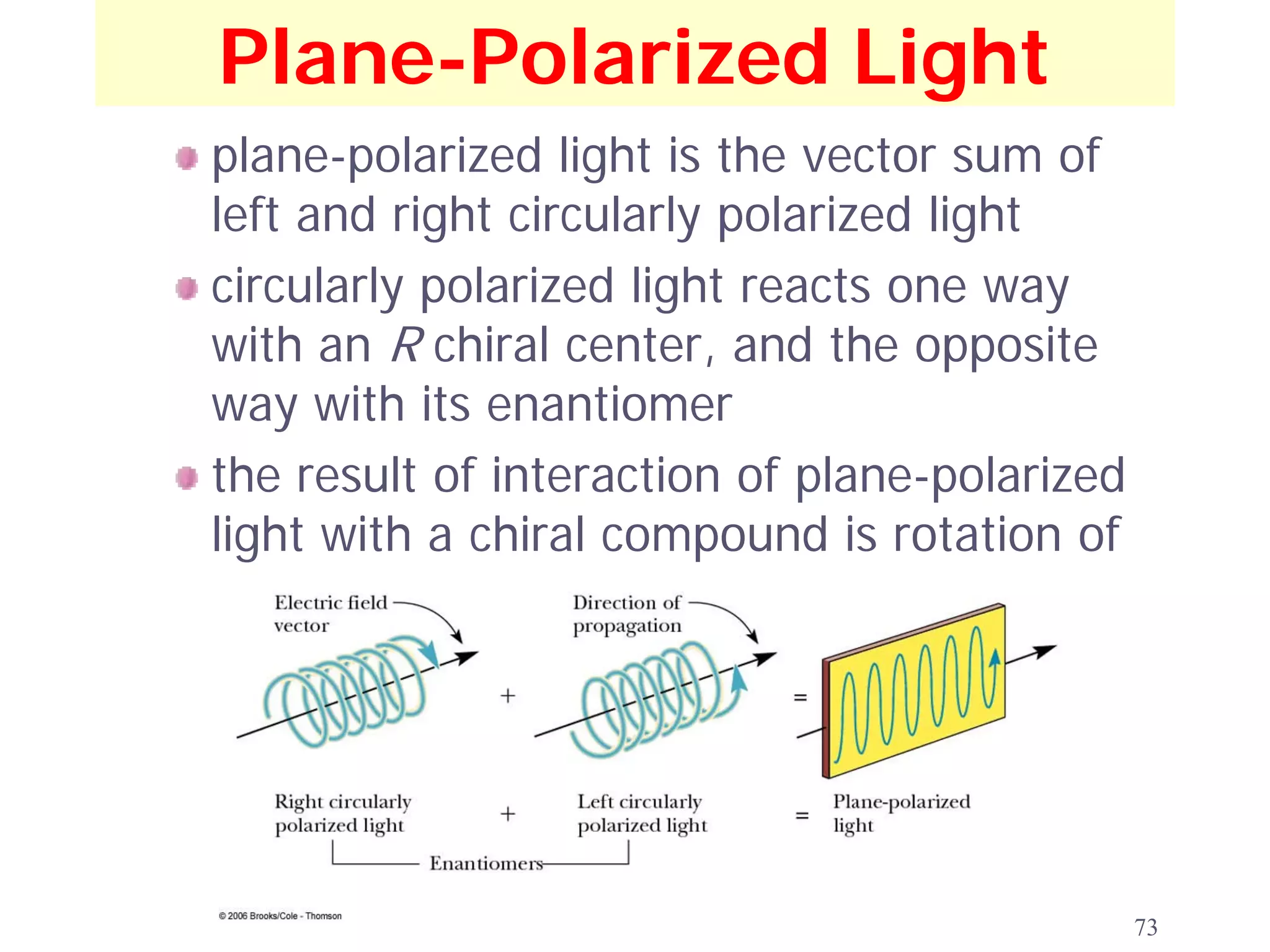 Plane-Polarized Light
plane-polarized light is the vector sum of
left and right circularly polarized light
circularly polarized light reacts one way
with an R chiral center, and the opposite
way with its enantiomer
the result of interaction of plane-polarized
light with a chiral compound is rotation of
the plane of polarization




                                               73
 