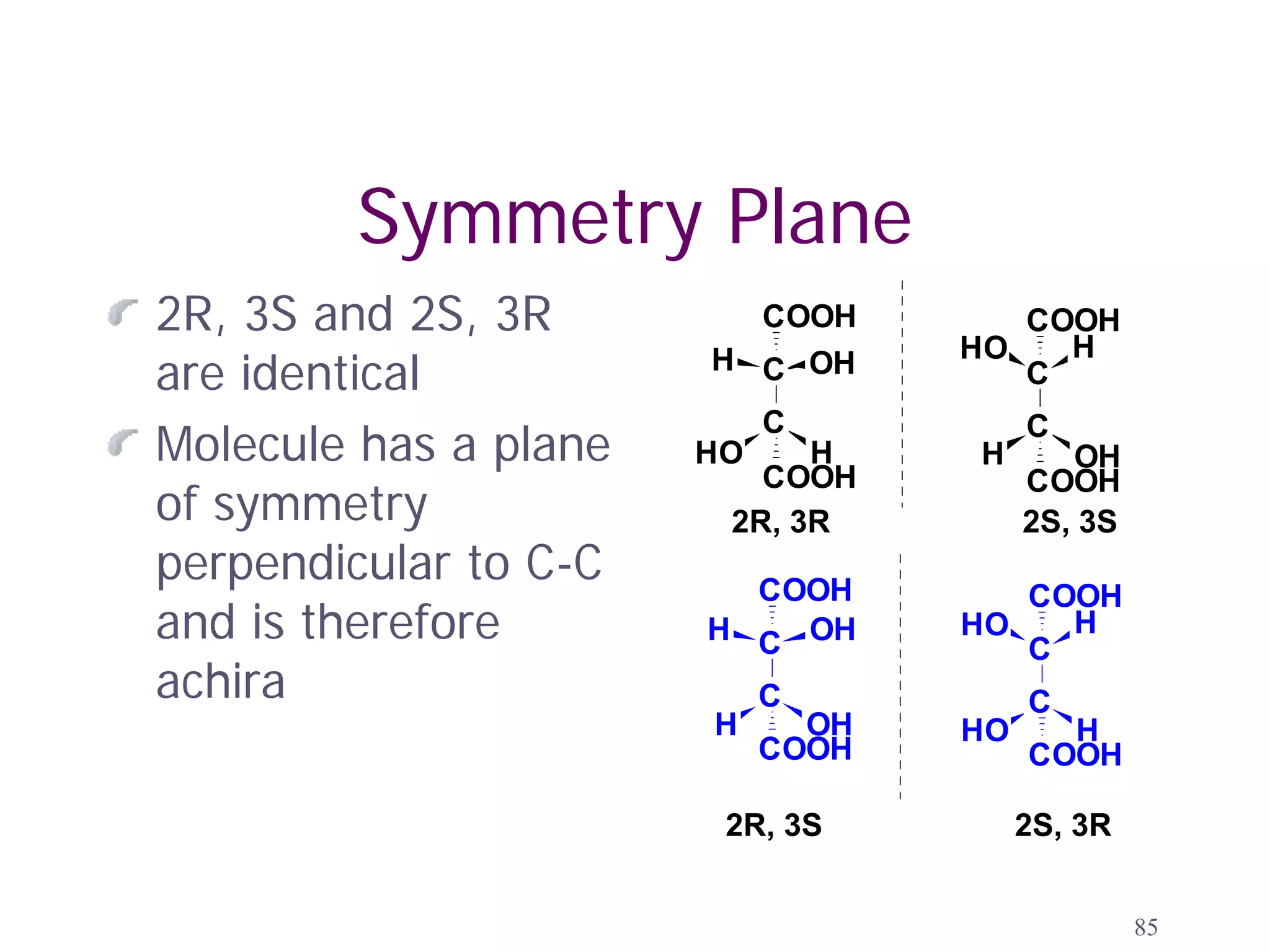 Symmetry Plane
2R, 3S and 2S, 3R        COOH         COOH
                                   HO   H
are identical          H C OH         C

Molecule has a plane
                            C           C
                       HO    H     H       OH
                          COOH
of symmetry
                                        COOH
                        2R, 3R          2S, 3S
perpendicular to C-C     COOH         COOH
and is therefore       H C OH      HO
                                      C
                                        H

achira                      C           C
                       H      OH   HO     H
                            COOH        COOH

                        2R, 3S          2S, 3R


                                                 85
 