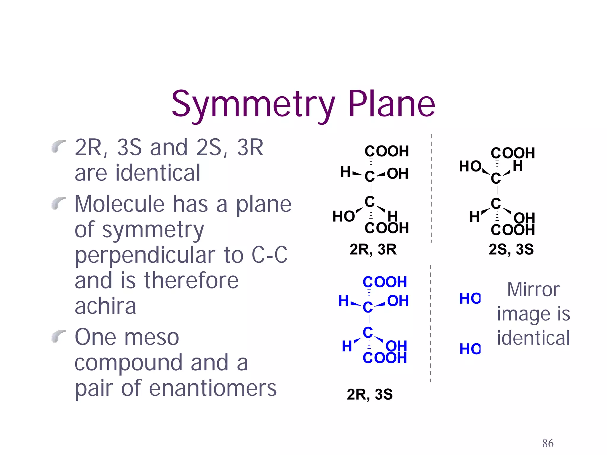 Symmetry Plane
2R, 3S and 2S, 3R        COOH         COOH
are identical          H C OH      HO
                                      C
                                        H

Molecule has a plane   HO
                            C
                             H      H
                                        C
                                           OH
of symmetry               COOH          COOH
perpendicular to C-C    2R, 3R          2S, 3S

and is therefore         COOH
                                        Mirror
                                      COOH
achira                 H C OH      HO   H
                                      image is
                                      C
One meso               H
                            C
                              OH   HO
                                      identical
                                      C
                                        H
compound and a              COOH      COOH
pair of enantiomers     2R, 3S          2S, 3R


                                                 86
 