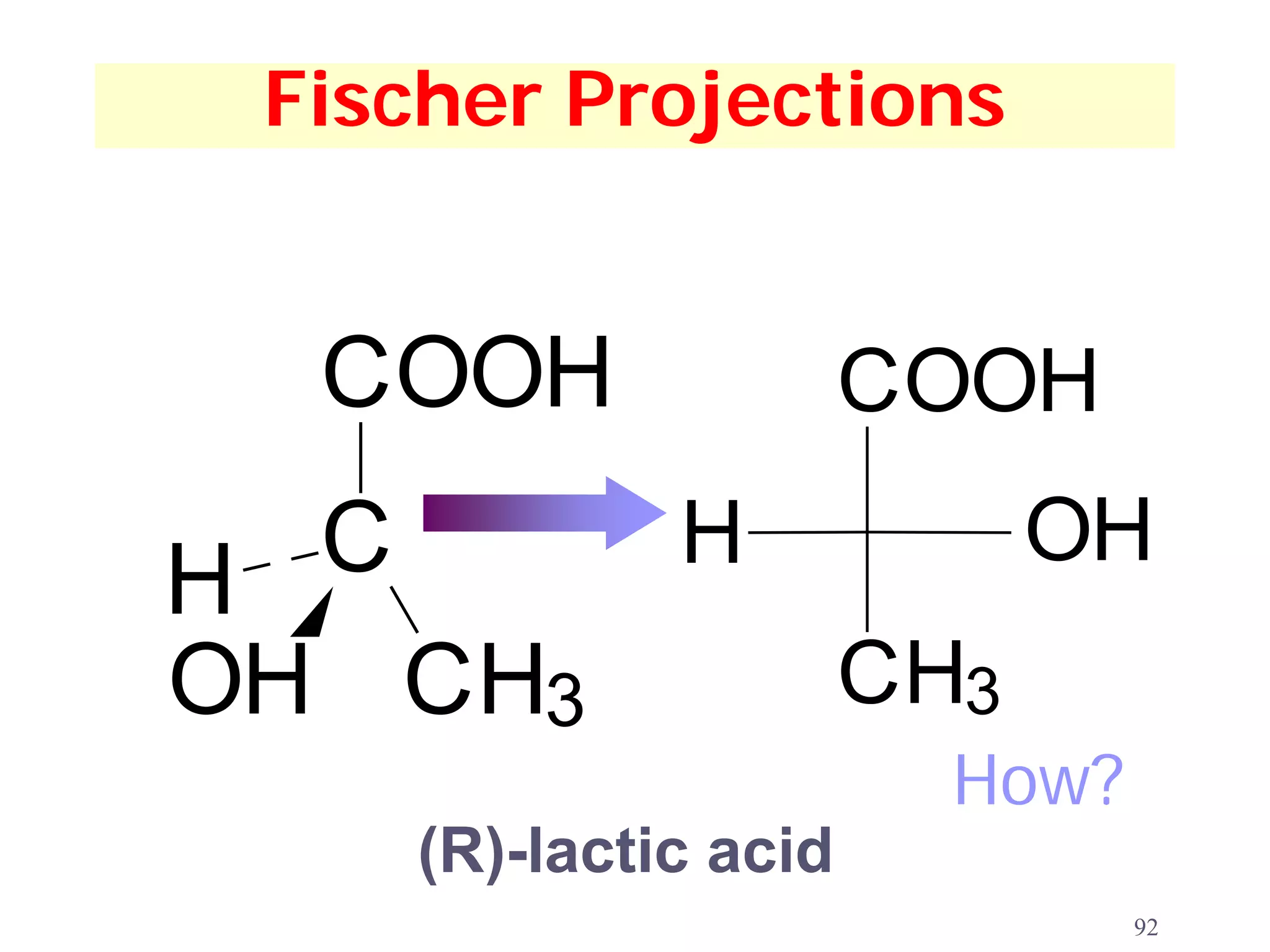 Fischer Projections


  COOH                COOH
  C    H     OH
H
OH CH3   CH3
                       How?
    (R)-lactic acid
                              92
 