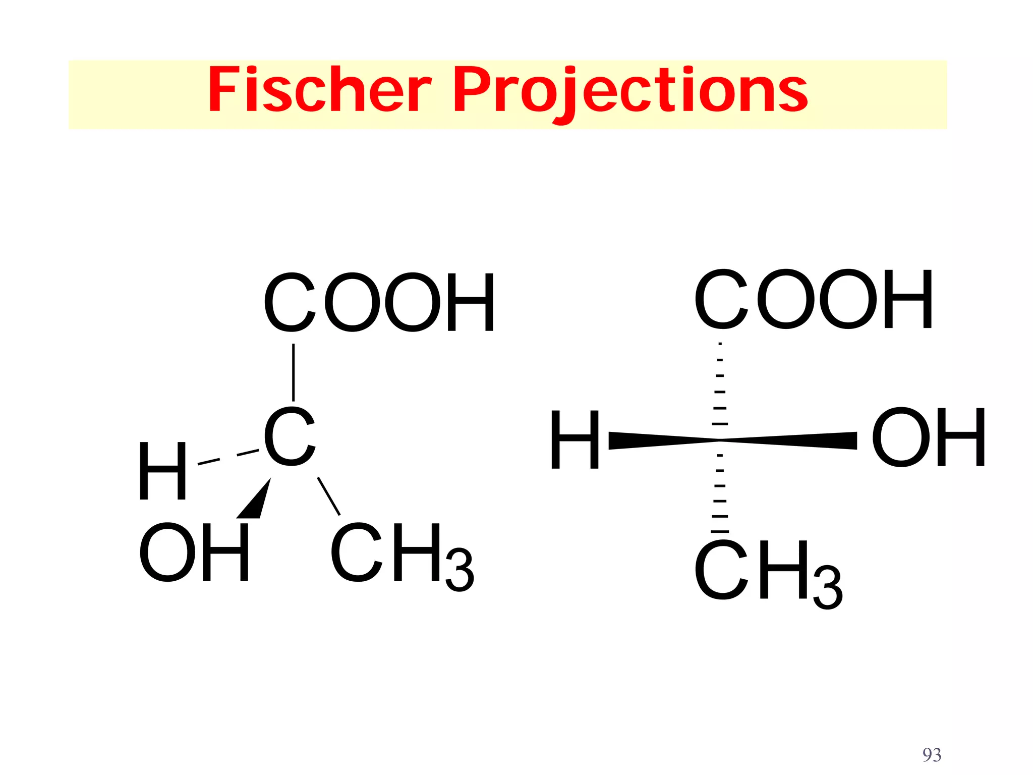 Fischer Projections


  COOH          COOH

H C    H               OH
OH CH3          CH3

                       93
 