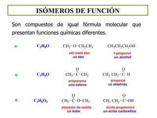 ISÓMEROS DE FUNCIÓN Son  compuestos de igual fórmula molecular  que  presentan funciones químicas diferentes .   * * * 