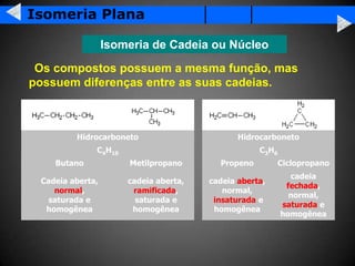 Isomeria Plana

                  Isomeria de Cadeia ou Núcleo
 Os compostos possuem a mesma função, mas
possuem diferenças entre as suas cadeias.



         Hidrocarboneto                       Hidrocarboneto
              C4H10                                C 3H6
    Butano            Metilpropano       Propeno           Ciclopropano
                                                             cadeia
 Cadeia aberta,       cadeia aberta,   cadeia aberta,
                                                            fechada,
    normal,            ramificada,        normal,
                                                             normal,
   saturada e           saturada e      insaturada e
                                                           saturada e
  homogênea            homogênea        homogênea
                                                           homogênea
 