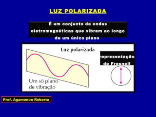 É um conjunto de ondas
eletromagnéticas que vibram ao longo
de um único plano
LUZ POLARIZADA
Prof. Agamenon Roberto
representação
de Fresnell
 