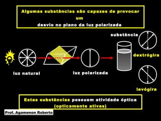 luz polarizada
substância
Algumas substâncias são capazes de provocar
um
desvio no plano da luz polarizada
Estas substâncias possuem atividade óptica
(opticamente ativas)
dextrógira
levógira
luz natural
Prof. Agamenon Roberto
 
