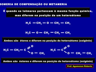 SOMERIA DE COMPENSAÇÃO OU METAMERIA
É quando os isômeros pertencem à mesma função química,
mas diferem na posição de um heteroátomo
Ambos são éteres e diferem na posição do heteroátomo (oxigênio)
H3C CH2 O CH2 CH3
H3C O CH2 CH2 CH3
H3C CH2 C
O
O CH3
H3C C
O
O CH2 CH3
Ambos são ésteres e diferem na posição do heteroátomo (oxigênio)
Prof. Agamenon Roberto
 