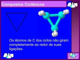 Compostos Ciclânicos




   Os átomos de C dos ciclos não giram
   completamente ao redor de suas
   ligações.

                                         Química
 