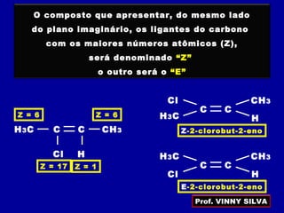 C
O composto que apresentar, do mesmo lado
do plano imaginário, os ligantes do carbono
com os maiores números atômicos (Z),
será denominado “Z”
o outro será o “E”
Cl
CH3CH3C
H
Z = 6 Z = 6
Z = 17 Z = 1 C
Cl
CH3
C
H3C
H
C
Cl CH3
C
H3C H
Z-2-clorobut-2-eno
E-2-clorobut-2-eno
Prof. VINNY SILVA
 