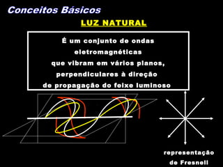 LUZ NATURAL
É um conjunto de ondas
eletromagnéticas
que vibram em vários planos,
perpendiculares à direção
de propagação do feixe luminoso
representação
de Fresnell
 