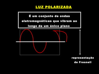 É um conjunto de ondas
eletromagnéticas que vibram ao
longo de um único plano
LUZ POLARIZADA
representação
de Fresnell
 