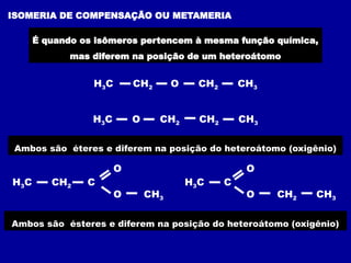 ISOMERIA DE COMPENSAÇÃO OU METAMERIA
É quando os isômeros pertencem à mesma função química,
mas diferem na posição de um heteroátomo
Ambos são éteres e diferem na posição do heteroátomo (oxigênio)
H3C CH2 O CH2 CH3
H3C O CH2 CH2 CH3
H3C CH2 C
O
O CH3
H3C C
O
O CH2 CH3
Ambos são ésteres e diferem na posição do heteroátomo (oxigênio)
 