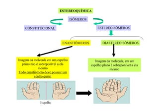 ESTEREOQUÍMICA
ISÔMEROS
ESTEREOISÔMEROS

CONSTITUCIONAL

ENANTIÔMEROS

Imagem da molécula em um espelho
plano não é sobreponível a ela
mesmo
Todo enantiômero deve possuir um
centro quiral

Espelho

DIASTEREOISÔMEROS

Imagem da molécula, em um
espelho plano é sobreponível a ela
mesmo

 