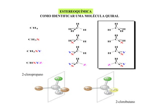 ESTEREOQUÍMICA
COMO IDENTIFICAR UMA MOLÉCULA QUIRAL

2-cloropropano

2-clorobutano

 