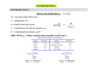 ESTEREOQUÍMICA
ATIVIDADE ÓTICA
ROTAÇÃO ESPECÍFICA
D = raia D do sódio (589,6 nm);
T = temperatura, 0C;
α= rotação observada, graus
L = comprimento do tubo de amostra, cm
C = concentração da solução, g.mL-1
OBS: NO SI am = Poder rotatório ótico específico (rad m2 kg-1)

 