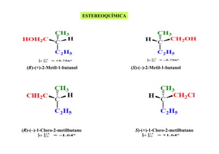ESTEREOQUÍMICA

(R)-(+)-2-Metil-1-butanol

(R)-(–)-1-Cloro-2-metilbutano

(S)-(–)-2-Metil-1-butanol

S)-(+)-1-Cloro-2-metilbutano

 