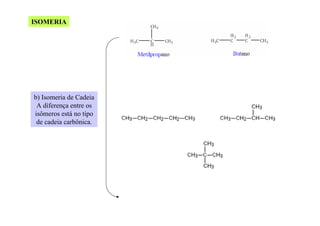 ISOMERIA

b) Isomeria de Cadeia
A diferença entre os
isômeros está no tipo
de cadeia carbônica.

 