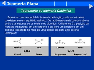 Isomeria Plana
Tautomeria ou Isomeria Dinâmica
Este é um caso especial da isomeria de função, onde os isômeros
coexistem em um equilíbrio químico. Os tautômeros mais comuns são os
enóis e as cetonas ou os enóis e os aldeídos. A diferença é a posição da
hidroxila insaturada: em um carbono 1 ela gera um aldeído e em um
carbono localizado no meio de uma cadeia ela gera uma cetona.
Exemplos:
Aldeído Enol Cetona Enol
C2H4O C3H6O
Etanal Etenol Propanona Propen-2-ol
 