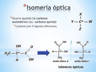 *
* Ocorre quando há carbono

assimétrico (ou carbono quiral):

* Carbono com 4 ligantes diferentes.

isômeros ópticos

 