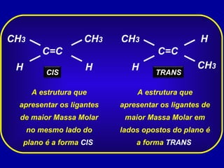 C=C H CH 3 H CH 3 C=C H CH 3 H CH 3 A estrutura que apresentar os ligantes de maior Massa Molar no mesmo lado do plano é a forma  CIS  A estrutura que apresentar os ligantes de maior Massa Molar em lados opostos do plano é a forma  TRANS  CIS TRANS 