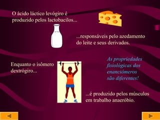 O ácido láctico levógiro é
produzido pelos lactobacilos...


                              ...responsáveis pelo azedamento
                              do leite e seus derivados.


                                           As propriedades
Enquanto o isômero                         fisiológicas dos
dextrógiro...                              enanciômeros
                                           são diferentes!

                                  ...é produzido pelos músculos
                                  em trabalho anaeróbio.
 