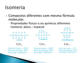 Compostos diferentes com mesma fórmula
molecular.
◦ Propriedades físicas e/ou químicas diferentes
◦ Isomeria: plana / espacial
C5H12 C5H12 C5H12
 