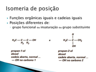  Funções orgânicas iguais e cadeias iguais
 Posições diferentes de:
◦ grupo funcional ou insaturação ou grupo substituinte
 