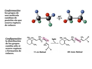 Conformación:
los grupos de
una molécula
cambian de
posición sin que
ocurra ruptura
de enlaces




Configuración:
la distribución
de los grupos
cambia sólo si
ocurre ruptura
y formación de
enlaces.
 