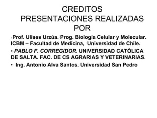 CREDITOS
    PRESENTACIONES REALIZADAS
              POR
•Prof. Ulises Urzúa. Prog. Biología Celular y Molecular.
ICBM – Facultad de Medicina, Universidad de Chile.
• PABLO F. CORREGIDOR. UNIVERSIDAD CATÓLICA
DE SALTA. FAC. DE CS AGRARIAS Y VETERINARIAS.
• Ing. Antonio Alva Santos. Universidad San Pedro
 