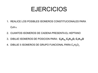 EJERCICIOS
1. REALICE LOS POSIBLES ISOMEROS CONSTITUCIONALES PARA

  C6H14

2. CUANTOS ISOMEROS DE CADENA PRESENTA EL HEPTANO

3. DIBUJE ISOMEROS DE POSICION PARA: C8H16, C5H12O, C7H14O

4. DIBUJE 5 ISOMEROS DE GRUPO FUNCIONAL PARA C4H8O2
 