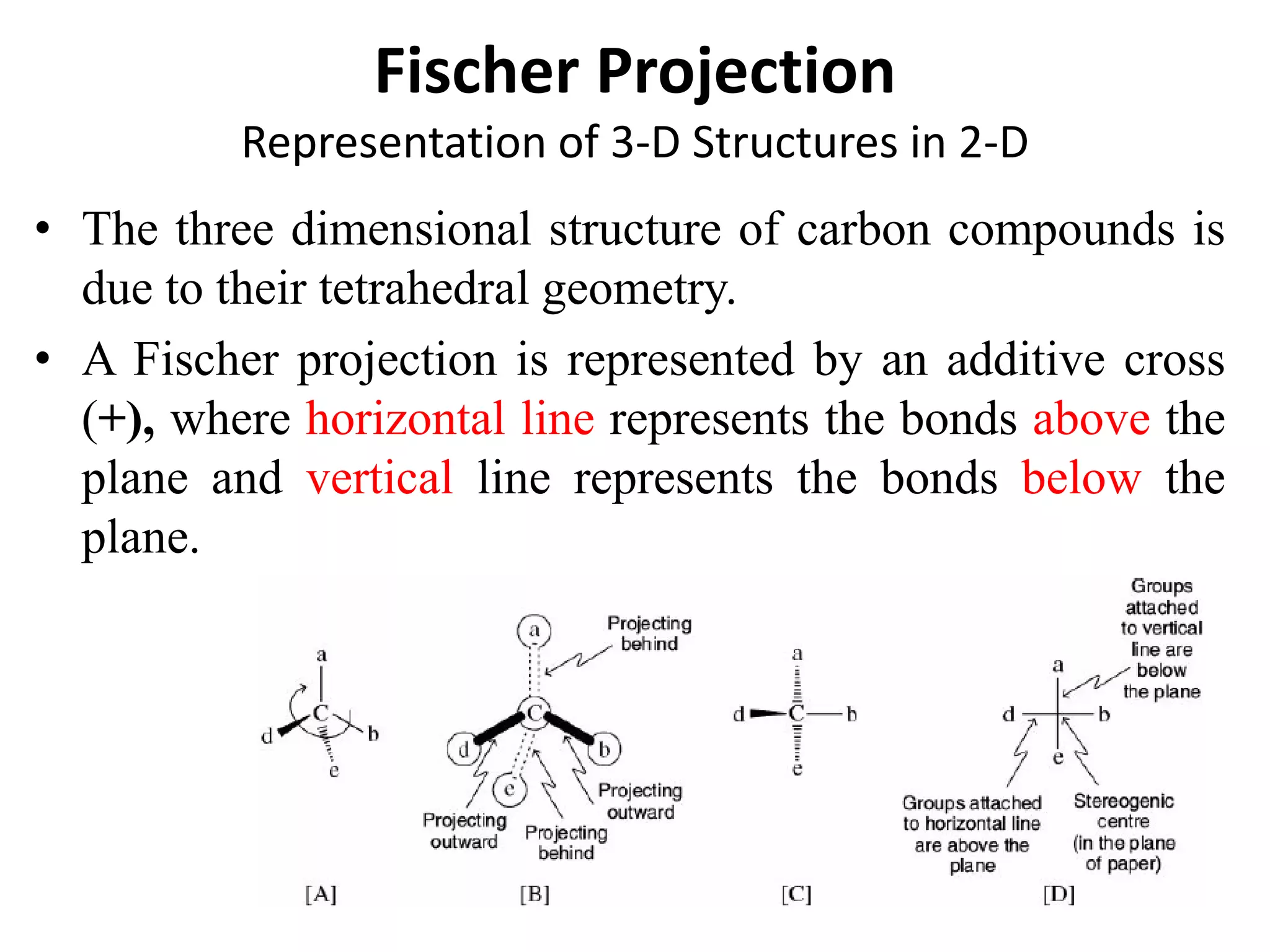 Fischer Projection
Representation of 3-D Structures in 2-D
• The three dimensional structure of carbon compounds is
due to their tetrahedral geometry.
• A Fischer projection is represented by an additive cross
(+), where horizontal line represents the bonds above the
plane and vertical line represents the bonds below the
plane.
 