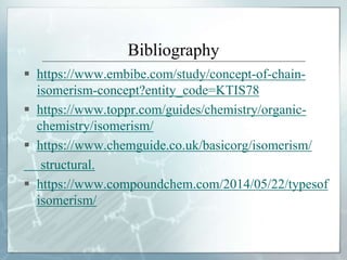 Bibliography
 https://www.embibe.com/study/concept-of-chain-
isomerism-concept?entity_code=KTIS78
 https://www.toppr.com/guides/chemistry/organic-
chemistry/isomerism/
 https://www.chemguide.co.uk/basicorg/isomerism/
structural.
 https://www.compoundchem.com/2014/05/22/typesof
isomerism/
 