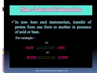 Non – keto enol Tautomerism
 In non- keto enol tautomerism, transfer of
proton from one form to another in presence
of acid or base.
H+
H+
H+
Shaivikchemistryclasses.blogspot.com
 