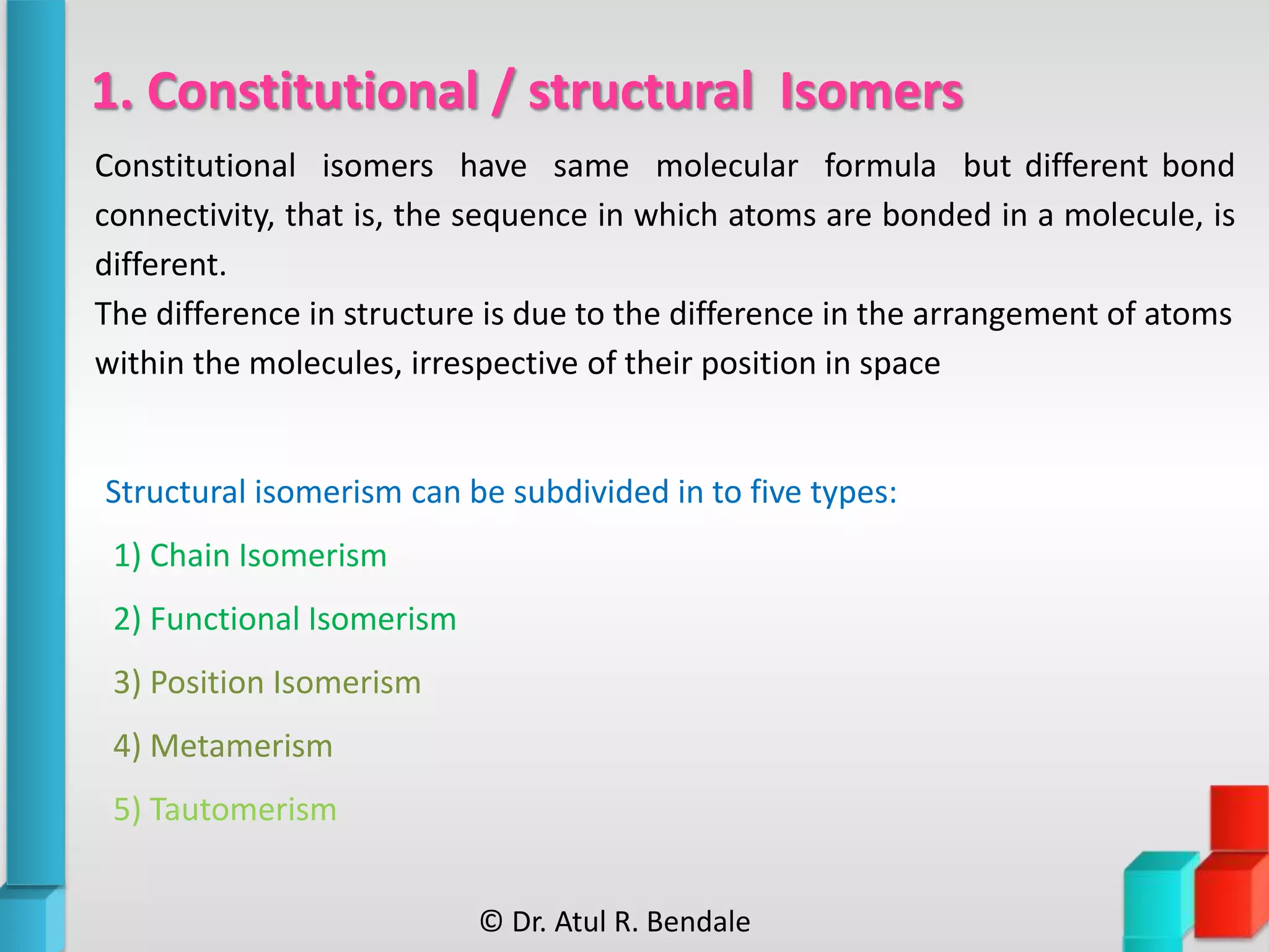 1. Constitutional / structural Isomers
Constitutional isomers have same molecular formula but different bond
connectivity, that is, the sequence in which atoms are bonded in a molecule, is
different.
The difference in structure is due to the difference in the arrangement of atoms
within the molecules, irrespective of their position in space
Structural isomerism can be subdivided in to five types:
1) Chain Isomerism
2) Functional Isomerism
3) Position Isomerism
4) Metamerism
5) Tautomerism
© Dr. Atul R. Bendale
 