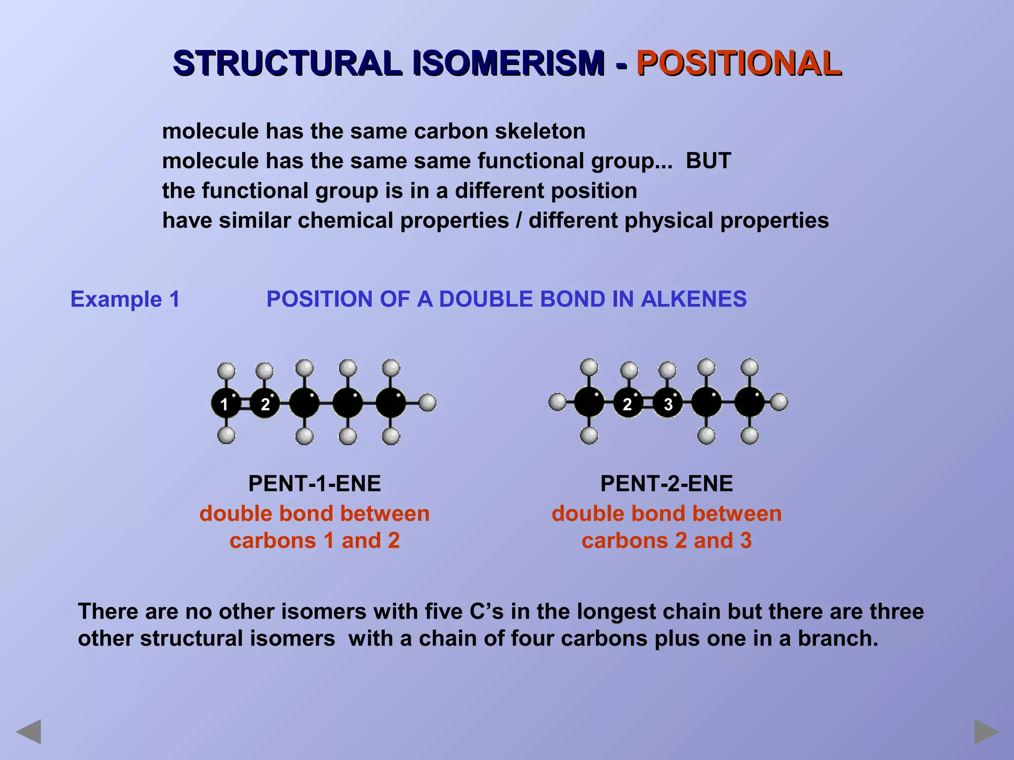 STRUCTURAL ISOMERISM - POSITIONAL
molecule has the same carbon skeleton
molecule has the same same functional group... BUT
the functional group is in a different position
have similar chemical properties / different physical properties
Example 1

POSITION OF A DOUBLE BOND IN ALKENES

1

2

PENT-1-ENE
double bond between
carbons 1 and 2

2

3

PENT-2-ENE
double bond between
carbons 2 and 3

There are no other isomers with five C’s in the longest chain but there are three
other structural isomers with a chain of four carbons plus one in a branch.

 