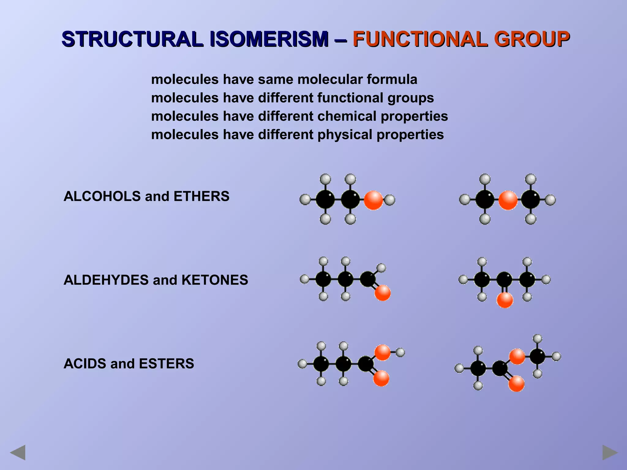 STRUCTURAL ISOMERISM – FUNCTIONAL GROUP
molecules have same molecular formula
molecules have different functional groups
molecules have different chemical properties
molecules have different physical properties

ALCOHOLS and ETHERS

ALDEHYDES and KETONES

ACIDS and ESTERS

 