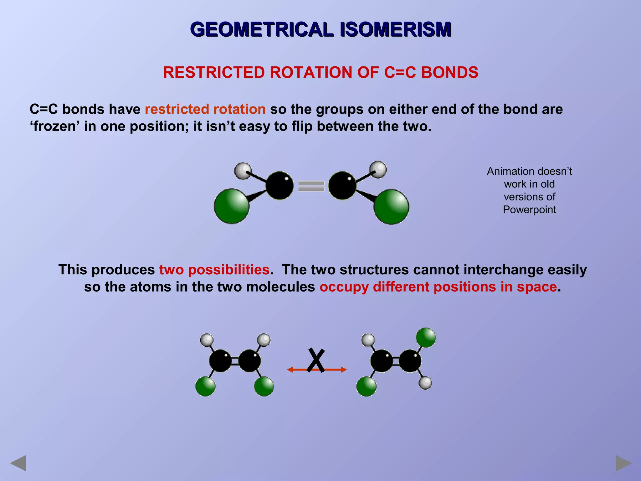 GEOMETRICAL ISOMERISM
RESTRICTED ROTATION OF C=C BONDS
C=C bonds have restricted rotation so the groups on either end of the bond are
‘frozen’ in one position; it isn’t easy to flip between the two.
Animation doesn’t
work in old
versions of
Powerpoint

This produces two possibilities. The two structures cannot interchange easily
so the atoms in the two molecules occupy different positions in space.

 