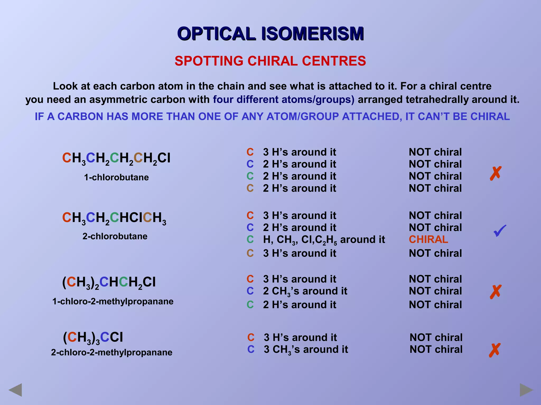 OPTICAL ISOMERISM
SPOTTING CHIRAL CENTRES
Look at each carbon atom in the chain and see what is attached to it. For a chiral centre
you need an asymmetric carbon with four different atoms/groups) arranged tetrahedrally around it.
IF A CARBON HAS MORE THAN ONE OF ANY ATOM/GROUP ATTACHED, IT CAN’T BE CHIRAL

CH3CH2CH2CH2Cl
1-chlorobutane

CH3CH2CHClCH3
2-chlorobutane

(CH3)2CHCH2Cl
1-chloro-2-methylpropanane

(CH3)3CCl
2-chloro-2-methylpropanane

C
C
C
C

3 H’s around it
2 H’s around it
2 H’s around it
2 H’s around it

NOT chiral
NOT chiral
NOT chiral
NOT chiral



C
C
C
C

3 H’s around it
2 H’s around it
H, CH3, Cl,C2H5 around it
3 H’s around it

NOT chiral
NOT chiral
CHIRAL
NOT chiral



C 3 H’s around it
C 2 CH3’s around it
C 2 H’s around it

NOT chiral
NOT chiral
NOT chiral



C 3 H’s around it
C 3 CH3’s around it

NOT chiral
NOT chiral



 