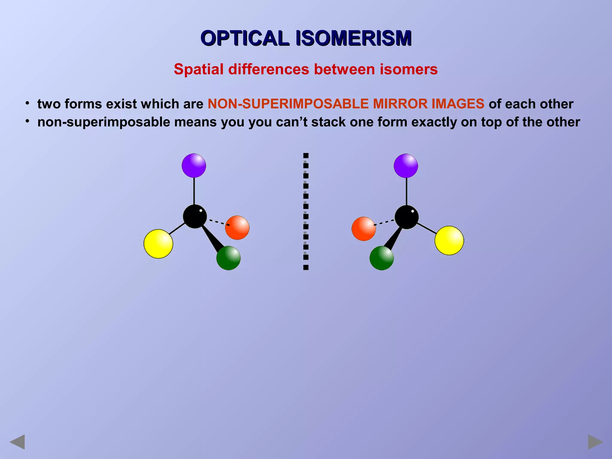 OPTICAL ISOMERISM
Spatial differences between isomers
• two forms exist which are NON-SUPERIMPOSABLE MIRROR IMAGES of each other
• non-superimposable means you you can’t stack one form exactly on top of the other

 