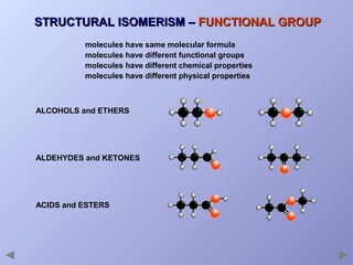 STRUCTURAL ISOMERISM – FUNCTIONAL GROUP
molecules have same molecular formula
molecules have different functional groups
molecules have different chemical properties
molecules have different physical properties

ALCOHOLS and ETHERS

ALDEHYDES and KETONES

ACIDS and ESTERS

 