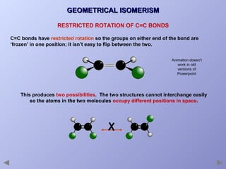 GEOMETRICAL ISOMERISM
RESTRICTED ROTATION OF C=C BONDS
C=C bonds have restricted rotation so the groups on either end of the bond are
‘frozen’ in one position; it isn’t easy to flip between the two.
Animation doesn’t
work in old
versions of
Powerpoint

This produces two possibilities. The two structures cannot interchange easily
so the atoms in the two molecules occupy different positions in space.

 