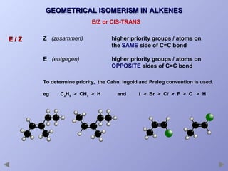 GEOMETRICAL ISOMERISM IN ALKENES
E/Z or CIS-TRANS

E/Z

Z (zusammen)

higher priority groups / atoms on
the SAME side of C=C bond

E (entgegen)

higher priority groups / atoms on
OPPOSITE sides of C=C bond

To determine priority, the Cahn, Ingold and Prelog convention is used.
eg

C2H5 > CH3 > H

and

I > Br > Cl > F > C > H

 