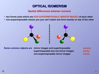 OPTICAL ISOMERISM
Spatial differences between isomers
• two forms exist which are NON-SUPERIMPOSABLE MIRROR IMAGES of each other
• non-superimposable means you you can’t stack one form exactly on top of the other

Some common objects are mirror images and superimposable
superimposable but not mirror images
non-superimposable mirror images

spoons
books
hands

 