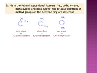 Ex. 4) In the following positional isomers  i.e., ortho xylene,
         meta xylene and para xylene, the relative positions of
         methyl groups on the benzene ring are different
 
